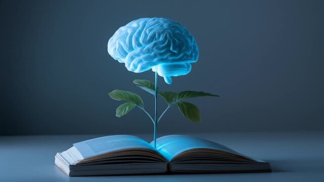 Conceptual image of a brain blossoming from an open book with leaves