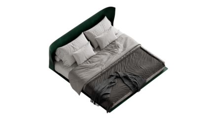 Contemporary leather bed with comforter and pillows on an isolated background. 
