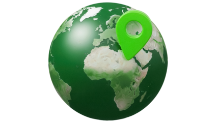 Green globe with location pin isolated PNG, world map with continents and oceans on transparent background, travel and geography concept