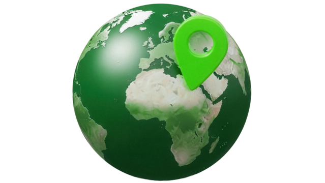 Green globe with location pin isolated PNG, world map with continents and oceans on transparent background, travel and geography concept