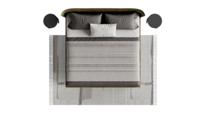 Top view of a bedroom set with a carpet and pillows on an isolated background.
