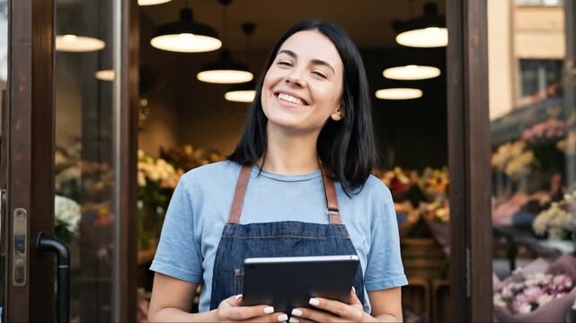 Joyful Female Business Owner in Apron with Tablet Standing at Shop Entrance