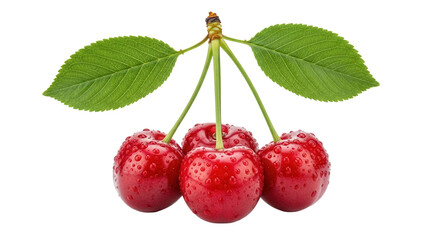Three ripe red cherries with leaves isolated PNG, fresh fruit with water droplets on transparent background for healthy eating concepts