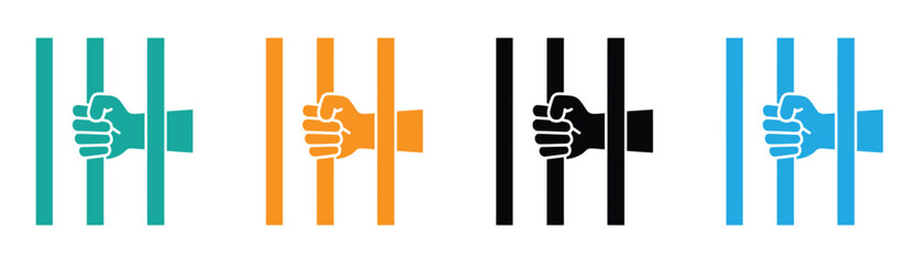  Hands gripping prison bars, colorful freedom concept design. Prison bars with hands vector illustration set. Jail cell line art with clenched fists behind bars.