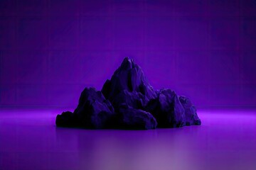 Jagged rock formation sits on reflective surface with purple backdrop.