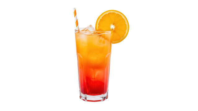 Refreshing Tequila Sunrise cocktail PNG isolated, layered drink with orange slice and straw on transparent background, summer beverage