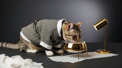 Minimalist Pet Accessories on Clean Backdrop Cat Eating from Gold Bowl