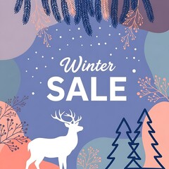 Fototapeta premium Winter sale advertisement with deer, christmas trees, and falling snow design