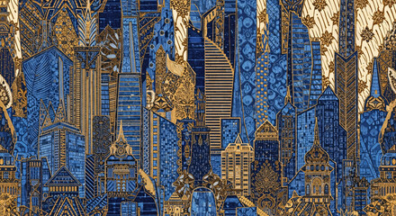 Urban metropolis skyline with ornate gold and blue architectural details, intricate city panorama