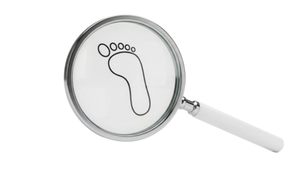 Footprint under magnifying glass isolated PNG on transparent background, concept for investigation and search for evidence