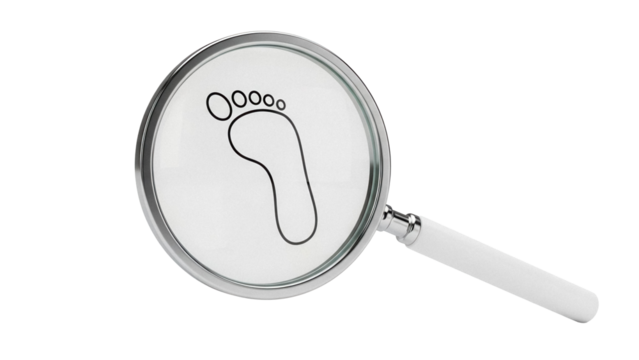 Footprint under magnifying glass isolated PNG on transparent background, concept for investigation and search for evidence