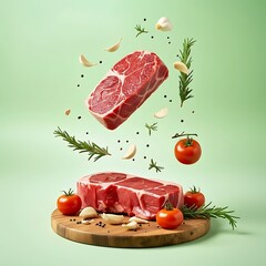 Raw steaks with tomatoes garlic and rosemary levitating on a green background © Rahela