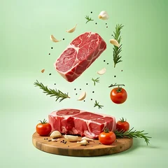 Raw steaks with tomatoes garlic and rosemary levitating on a green background © Rahela