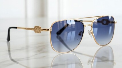 Elegant gold-framed sunglasses reflecting the sky, a fashionable choice for Ramadan gatherings and festive Eid outfits