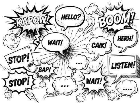 Comic Text Speech Bubbles with Pop Art Style in Black and White Transparent