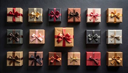 Gifts Galore: A collection of meticulously wrapped gift boxes, each adorned with a ribbon, arranged on a dark background, evoking the excitement and anticipation of special occasions and celebrations.