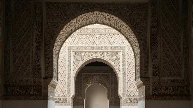 Sunlight illuminates an intricate Islamic archway inside a tranquil mosque, a serene scene for ramadan reflection and prayer