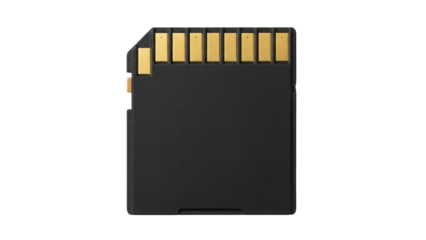 Black microSD card isolated PNG on transparent background, memory storage device for mobile phones and digital cameras, data transfer