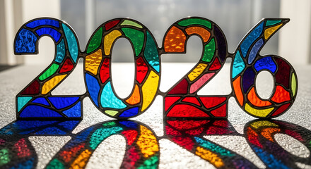 Colorful stained glass numbers 2026 reflecting light and color on surface