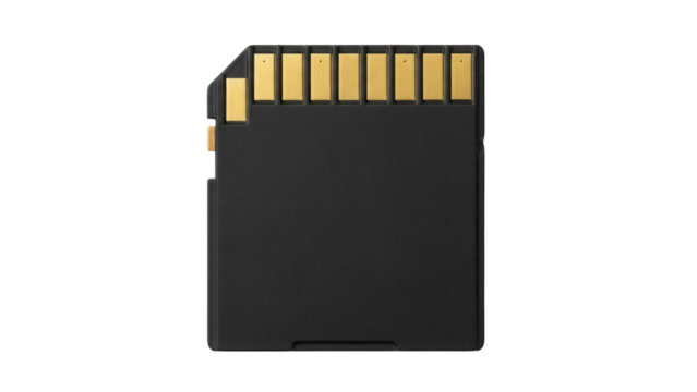 Black microSD card isolated PNG on transparent background, memory storage device for mobile phones and digital cameras, data transfer