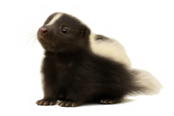 Baby striped skunk looking up, small mammal wildlife animal, standing with transparent background