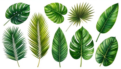 Assortment of vivid, detailed tropical leaves against white, showcasing diverse shapes