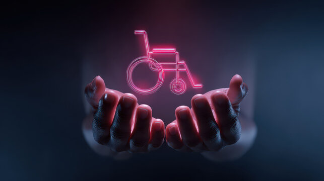 Neon wheelchair icon glowing above cupped hands, caring support and accessibility symbol in medical concept, compassionate assistance and inclusive healthcare scene