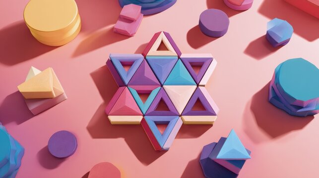 Colorful geometric shapes arrangement on pink background for abstract design concepts, Brain Teaser Month