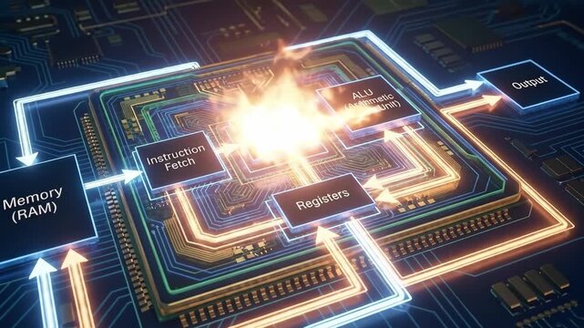 Cpu processor diagram visualizing data flow and components like ram, instruction fetch, decode unit, alu, registers, and output, representing computer architecture and technological processes