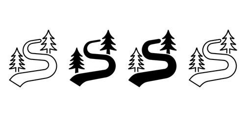 Fototapeta premium Stylized graphic icon set: winding path through forest with pine trees, presented in solid black and outline variations for design versatility.