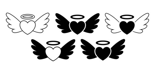 Fototapeta premium Set of angel heart icons with wings and halos, symbolizing love, protection, and heavenly affection, offered in black and white outlines.