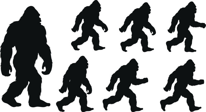 Silhouettes of bigfoot a collection of different poses and perspectives