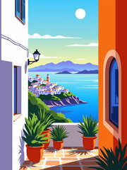 Obraz premium Idyllic Mediterranean Coastal Village Scene with Whitewashed Houses Overlooking Azure Sea, Potted Plants on Sunny Balcony Terrace in Southern Europe