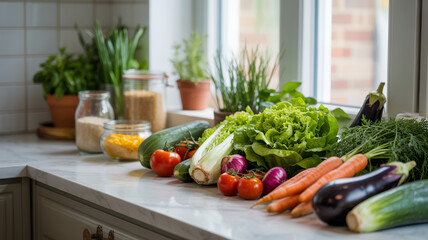 Fresh organic red tomatoes and green vegetables on a white kitchen counter, ready for a healthy salad