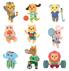 Cartoon Animal Sport Player Icons Set for Kids and Team Mascot