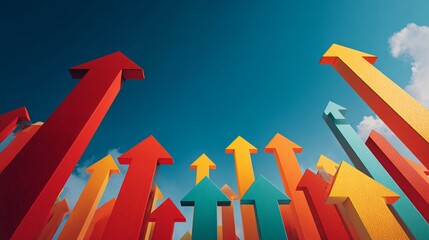 A dynamic 3D illustration featuring colorful upward arrows representing business growth, rising trends, and positive momentum, symbolizes success, leadership, financial improvement, marketing strategy