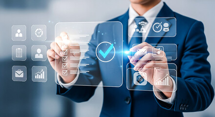A professional in a suit uses a stylus to select items on a futuristic digital display, showcasing task completion and data analysis for modern business.