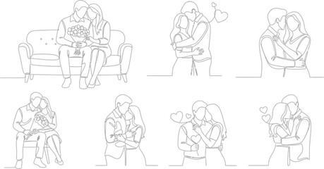 Line art illustrations of embracing couples in various affectionate poses