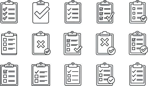 Collection of clipboard icons featuring checklists ticks and crosses