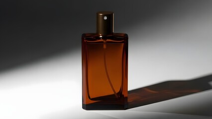 Amber perfume bottle with dramatic lighting and shadow play