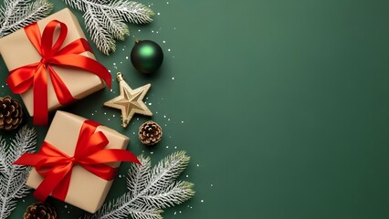 Festive christmas presents with red ribbons on green background