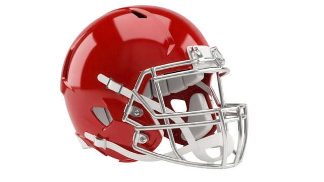 Red American football helmet PNG isolated on transparent background, sports equipment for protection and competitive team games - Powered by Adobe