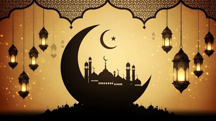 Ramadan kareem celebration with mosque silhouette and lanterns decoration