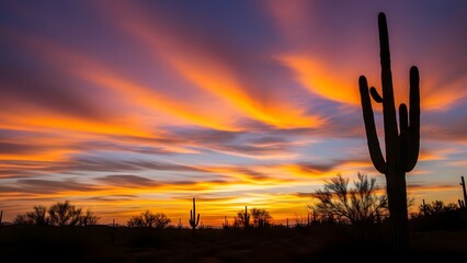 Dramatic arizona sunset with saguaro cactus silhouette landscape