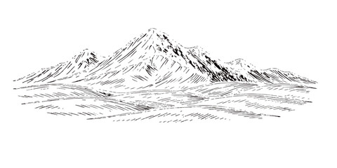 Mountain landscape vector illustration of a high black rock peak with snow, ice, and cold white clouds