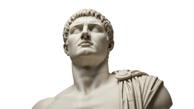 Marble bust of Roman emperor isolated PNG on transparent background, ancient sculpture of a man with curly hair and draped toga
