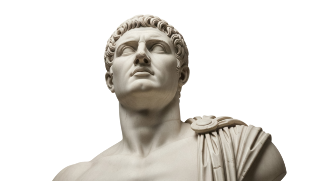 Marble bust of Roman emperor isolated PNG on transparent background, ancient sculpture of a man with curly hair and draped toga