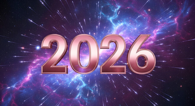 Golden 2026 numbers floating in a vibrant cosmic nebula with exploding stars and light effects