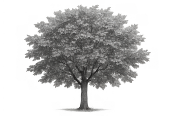 Deciduous tree with full foliage, seen in black and white, standing alone and ready for use as a design element