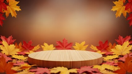 Autumn product display with colorful leaves and wooden podium